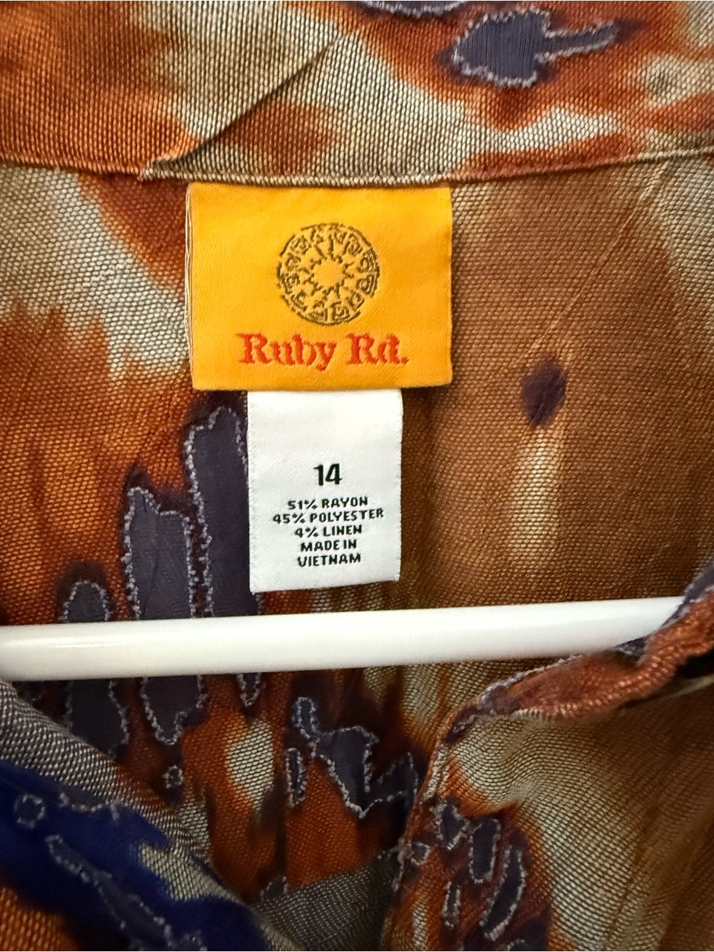 Ruby Rd. Orange Blue Brown Patterned Button-Down Top - Picture 2 of 4